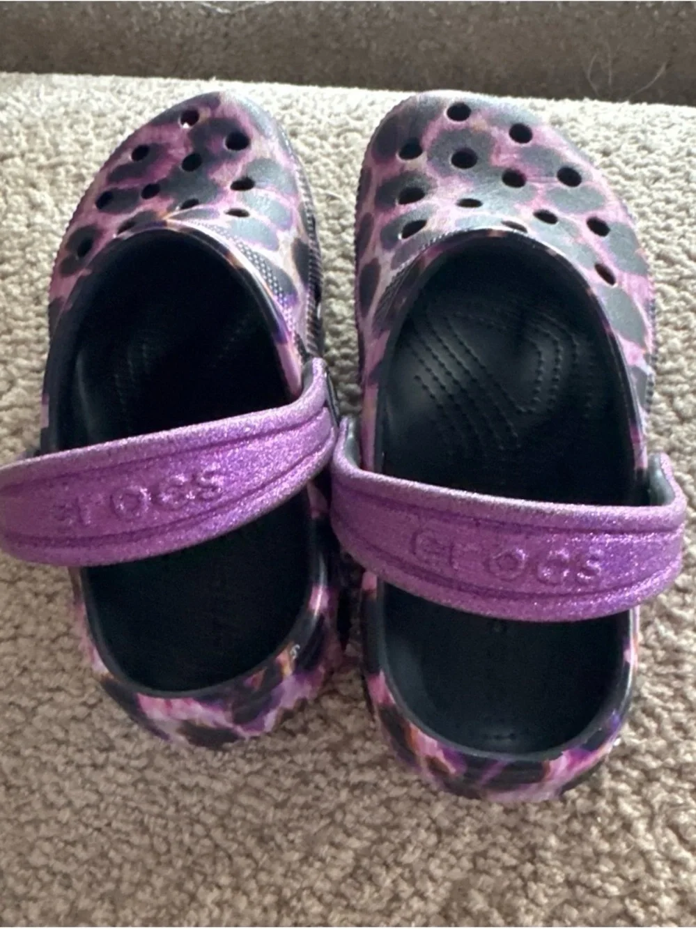 CROCS Kids' Purple Leopard Print Clogs with Black Accents